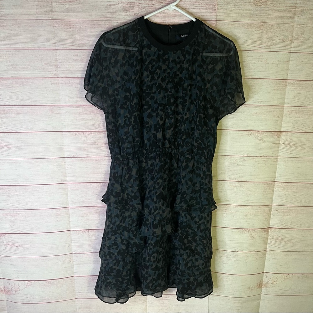 Madewell  Blue Black Tiered Ruffle Animal Print Ruffle Dress‎ Size 8